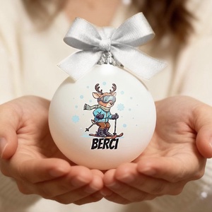 Karácsonyi üveg díszgömb egyedi névvel - Síelő rénszarvas - 100030, Karácsony, Karácsonyi lakásdekoráció, Karácsonyfadíszek, Üvegművészet, MESKA