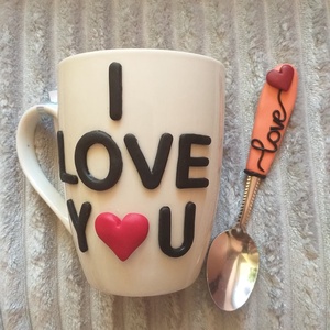I love you  mintás bögre és kanál , Otthon & Életmód, Konyhafelszerelés, tálalás, Tálalás, Bögre & Csésze, Gyurma, MESKA