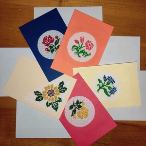Képeslap keresztszemes hímzéssel kék1 - otthon & lakás - papír írószer - képeslap & levélpapír - Meska.hu