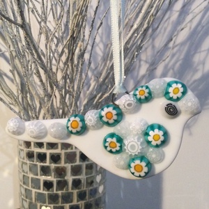 Üvegdísz - muránói madárka- sárga, zöld és fehér  - karácsony - karácsonyi lakásdekoráció - karácsonyfadíszek - Meska.hu