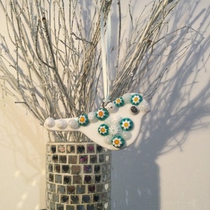 Üvegdísz - muránói madárka- sárga, zöld és fehér , Karácsony, Karácsonyi lakásdekoráció, Karácsonyfadíszek, Üvegművészet, MESKA