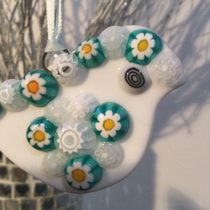 Üvegdísz - muránói madárka- sárga, zöld és fehér  - karácsony - karácsonyi lakásdekoráció - karácsonyfadíszek - Meska.hu