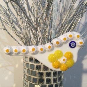 Üvegdísz - muránói madárka- sárga, kék, - otthon & életmód - dekoráció - ajtó- és ablak dekoráció - ablakdísz - Meska.hu