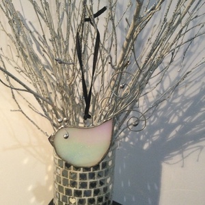 Üvegdísz - irizáló madárka - rózsaszín és kék  , Karácsony, Karácsonyi lakásdekoráció, Karácsonyfadíszek, Üvegművészet, MESKA