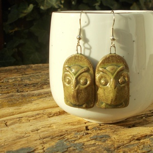 Antikolt fülbevaló bagollyal, Ékszer, Fülbevaló, Lógó fülbevaló, Ékszerkészítés, Kerámia, MESKA