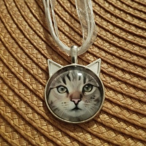 Bájos cicás üveg lencsés nyaklánc , Ékszer, Nyaklánc, Medálos nyaklánc, Ékszerkészítés, MESKA