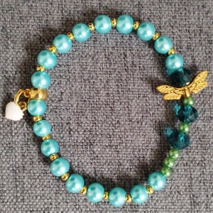 Szitakötős üveg gyöngy  karkötő  kerámia szívvel  - ékszer - karkötő - gyöngyös karkötő - Meska.hu