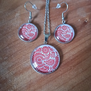 Üveg lencsés, orvosi acél nyaklánc és fülbevaló szett népi motívummal  - ékszer - nyaklánc - medálos nyaklánc - Meska.hu