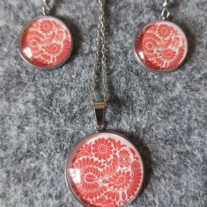 Üveg lencsés, orvosi acél nyaklánc és fülbevaló szett népi motívummal , Ékszer, Nyaklánc, Medálos nyaklánc, Ékszerkészítés, MESKA