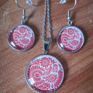 Üveg lencsés, orvosi acél nyaklánc és fülbevaló szett népi motívummal  - ékszer - nyaklánc - medálos nyaklánc - Meska.hu