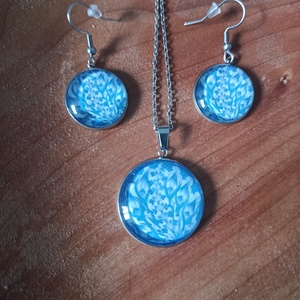 Üveg lencsés, orvosi acél nyaklánc és fülbevaló szett népi motívummal , Ékszer, Nyaklánc, Medálos nyaklánc, Ékszerkészítés, MESKA