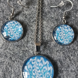 Üveg lencsés, orvosi acél nyaklánc és fülbevaló szett népi motívummal  - ékszer - nyaklánc - medálos nyaklánc - Meska.hu