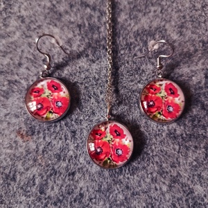 Üveg lencsés, orvosi acél nyaklánc és fülbevaló szett pipaccsal , Ékszer, Nyaklánc, Medálos nyaklánc, Ékszerkészítés, MESKA