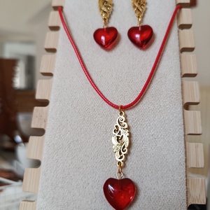 Szívecskés nyaklánc és fülbevaló szett  - ékszer - fülbevaló - lógó fülbevaló - Meska.hu