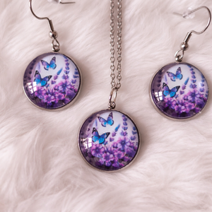 Üveg lencsés, orvosi acél nyaklánc és fülbevaló szett levendulával , Ékszer, Nyaklánc, Medálos nyaklánc, Ékszerkészítés, MESKA