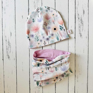Virágos sapka-sál szett (48-50 cm) - ruha & divat - babaruha & gyerekruha - babasapka - Meska.hu