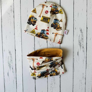 Munkagépes darus sapka-sál szett (48-50 cm) - baba - mama - babaruházat - babasapka - Meska.hu