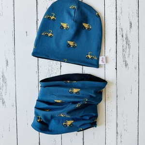 Sötétkék alapon munkagépes sapka-sál szett (48-50 cm), Baba - mama, Babaruházat, Babasapka, Varrás, MESKA