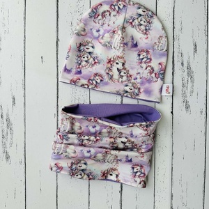 Unikornisos lila sapka-sál szett (50-52) - ruha & divat - sál, sapka, kendő - sapka & sál szett - Meska.hu