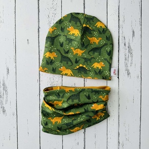 Zöld-mustársárga dínós sapka-sál szett (50-52), Ruha & Divat, Sál, Sapka, Kendő, Sapka & Sál szett, Varrás, MESKA