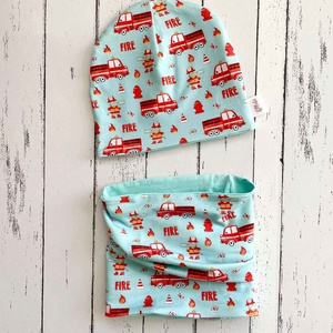 Tűzoltóautós sapka-sál szett (48-50 cm) - Meska.hu