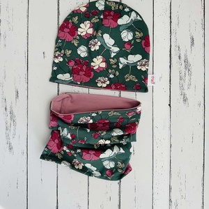 Zöld alapon virágos sapka-sál szett (50-52 cm), Baba - mama, Babaruházat, Babasapka, Varrás, MESKA