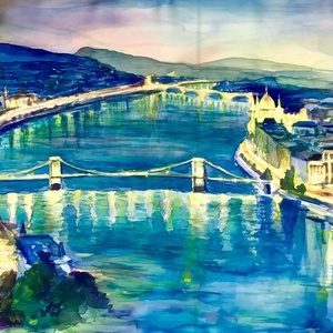 Natúr selyem  sál-festmény Ragyogó Budapest147x53cm -  - Meska.hu