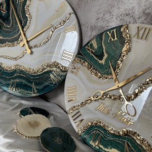 40cm-es Egyedi epoxy falióra � zöld-arany geoda stílus  - Meska.hu