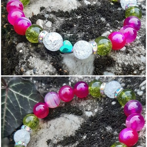Pink achát, peridot,hegyikristály ásványos karkötő - ékszer - karkötő - bogyós karkötő - Meska.hu