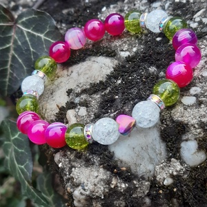 Pink achát, peridot,hegyikristály ásványos karkötő - Meska.hu