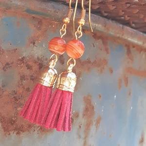 Pink színű bojt-ásványos fülbevaló - ékszer - fülbevaló - rojtos fülbevaló - Meska.hu