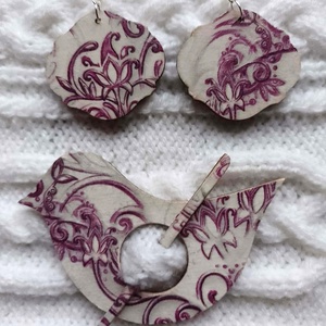 Lila ornamentika sáltű és fülbevaló szett, Ékszer, Ékszerszett, Decoupage, transzfer és szalvétatechnika, MESKA