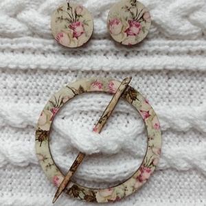 Rózsás, fa sáltű és fülbevaló szett, Ékszer, Ékszerszett, Decoupage, transzfer és szalvétatechnika, MESKA