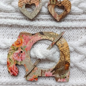 Elefánt formájú, dekupázsolt, fa sáltű / hajtű + fülbevaló szett - ékszer - ékszerszett - Meska.hu