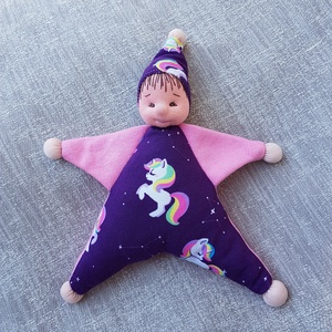 Kiscsillag, unikornisos rózsaszín-lila textilbaba, alvóka, hurcibaba, rongybaba - Meska.hu