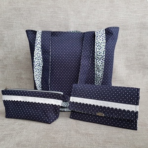 Válltáska, neszesszer, tolltartó szett  � pöttyös farmer/virágos - Meska.hu