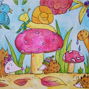 Erdei őszi kép sünikkel, csigaúrral és madárkával!! - Meska.hu