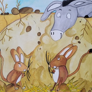 Csacsi látogatása ugróegereknél!, Művészet, Grafika & Illusztráció, Művészi nyomat, Festészet, MESKA