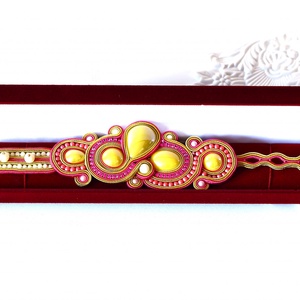 Pink és aranysárga statement sujtás karkötő állítható méretben - ékszer - karkötő - karperec - Meska.hu