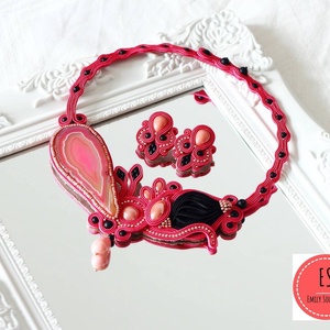 Pink achát sujtás nyakék és porcelán fülbevaló - ékszer - ékszerszett - Meska.hu