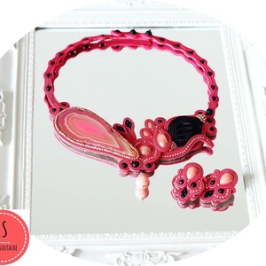 Pink achát sujtás nyakék és porcelán fülbevaló, Ékszer, Ékszerszett, Ékszerkészítés, Gyöngyfűzés, gyöngyhímzés, MESKA