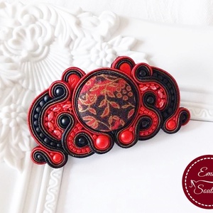 Virágos mintájú különleges sujtás hajcsat piros fekete - ruha & divat - hajdísz & hajcsat - hajdísz - Meska.hu
