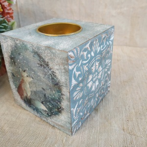 Róka szarvas hópehely Karácsonyi mécsestartó vintage stílus fehér kék - karácsony - karácsonyi lakásdekoráció - karácsonyi illatgyertya, mécses - Meska.hu