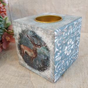 Róka szarvas hópehely Karácsonyi mécsestartó vintage stílus fehér kék - karácsony - karácsonyi lakásdekoráció - karácsonyi illatgyertya, mécses - Meska.hu