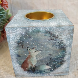 Róka szarvas hópehely Karácsonyi mécsestartó vintage stílus fehér kék, Karácsony, Karácsonyi lakásdekoráció, Karácsonyi illatgyertya, mécses, Decoupage, transzfer és szalvétatechnika, Festett tárgyak, MESKA