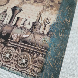 Vintage stílusú gőzmozdonyos doboz - díszdoboz - zöld- kék-arany  szín - otthon & életmód - lakástextil - varrókellék - Meska.hu