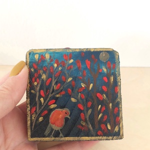 Vörösbegy-mini fali kép, Otthon & Életmód, Dekoráció, Fali és függő dekoráció, Falra akasztható dekor, Festett tárgyak, MESKA