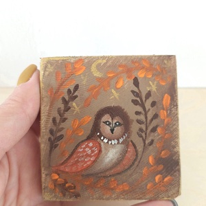 Bagoly az erdőben-mini fali kép, Otthon & Életmód, Dekoráció, Fali és függő dekoráció, Falra akasztható dekor, Festett tárgyak, MESKA