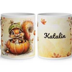 Névvel kérhető - Cuki őszi kis mókus a tökben mintás bögre - Meska.hu