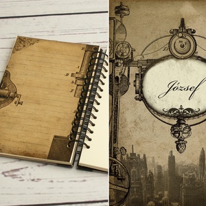 Steampunk, spirálozott jegyzetfüzet, napló, notesz férfiaknak. Nyomtatott elválasztólapok, fém sarkok, bőrzsinór - otthon & életmód - papír, írószer - jegyzetfüzet & napló - Meska.hu